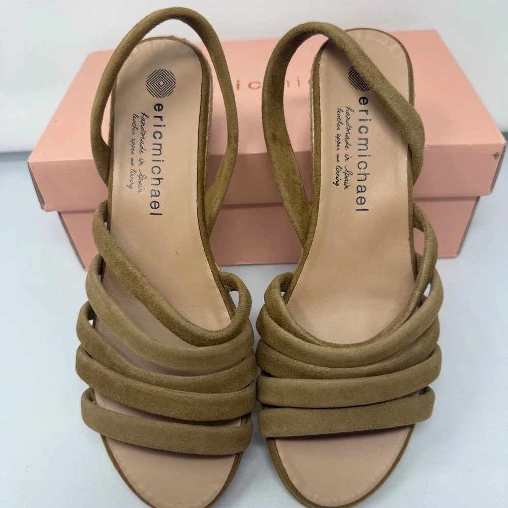 Eric Michael Elva Camel Suede Espadrille Wedge Sandals Made in Spain Size 38